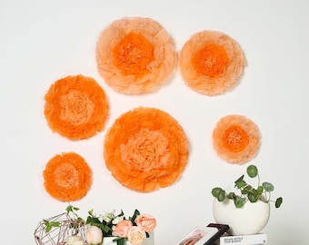 6 Multi Size Pack | Carnation Coral/Orange 3D Wall Flowers Giant Tissue Paper Flowers - 12",16",20"