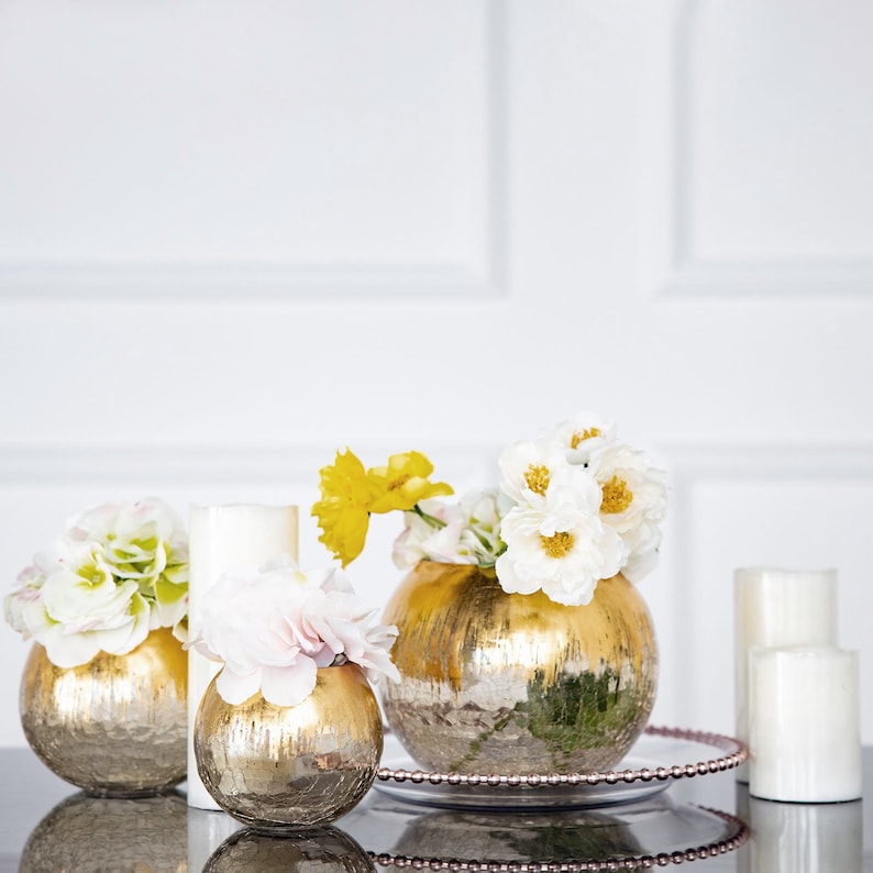 4 Gold Foiled Glass Bubble Bowl, Gold Crackle Round Bowl flower Vase Terrarium, Globe Flower Vase Centerpiece image 5