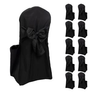 May include: Black chair covers with a satin bow detail. The covers are designed to fit over standard chairs, creating a uniform look. The image shows a single cover and a set of ten covers, ideal for events and gatherings.