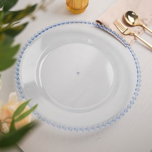 Set of 6 | 12" Clear Acrylic Charger Plates with Blue Beaded Rim, Plate Chargers, Round Charger Plates, Dining & Serving, Reception