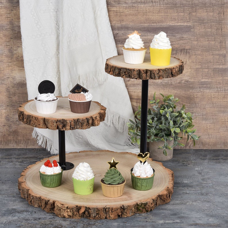 14 Tall 3 Tier Rustic Wood Slice Cupcake Stand, Natural Wooden Cake Stand Dessert Display With Metal Poles image 2