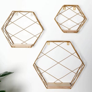 Set of 3, Gold Geometric Floating Wall Shelves, Home Decor Hexagon Shelf, Modern Wall Hanging Wooden Shelf - 9&quot;|12&quot;|14&quot;