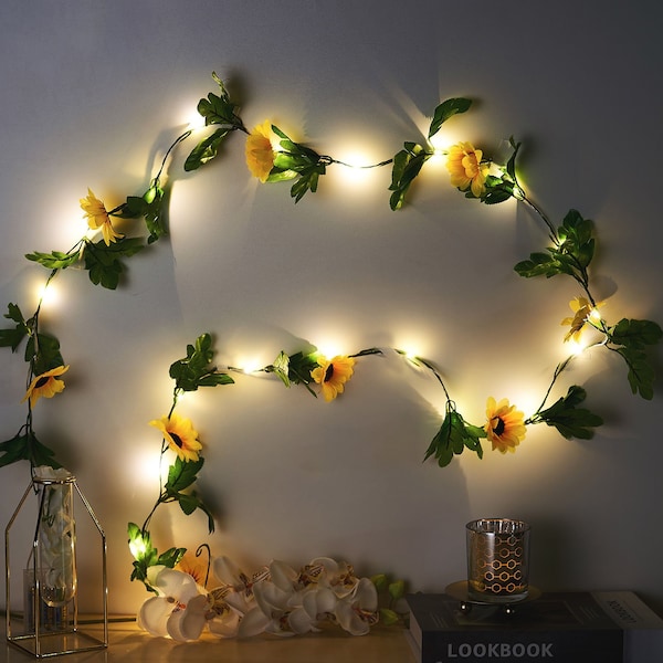 8ft | 20 LED Artificial Sunflowers Garland String Lights, Battery Operated Fairy Lights, LED Garland Lights - Warm White