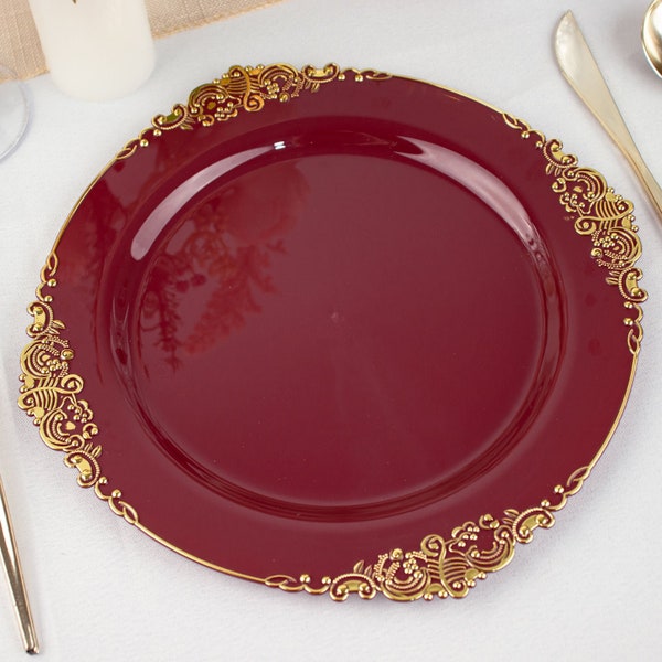10 Pack | 10" Vintage Burgundy Gold Leaf Embossed Baroque Plastic Dinner Plates, Formal Dining Disposable Tableware