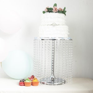 14&quot; Dia Silver Cake Stand with 35 Acrylic Crystal Chains, Metal Cake Stand Riser, Round Display Stand for Cakes, Cupcake Stand, Wedding Cake