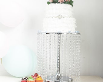 14" Dia Silver Cake Stand with 35 Acrylic Crystal Chains, Metal Cake Stand Riser, Round Display Stand for Cakes, Cupcake Stand, Wedding Cake