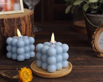 2 Pack | 2" Dusty Blue Flameless Decorative Bubble Candles, Warm White LED, Cube Candles, Flickering Battery Operated LED, Home Decor Gifts
