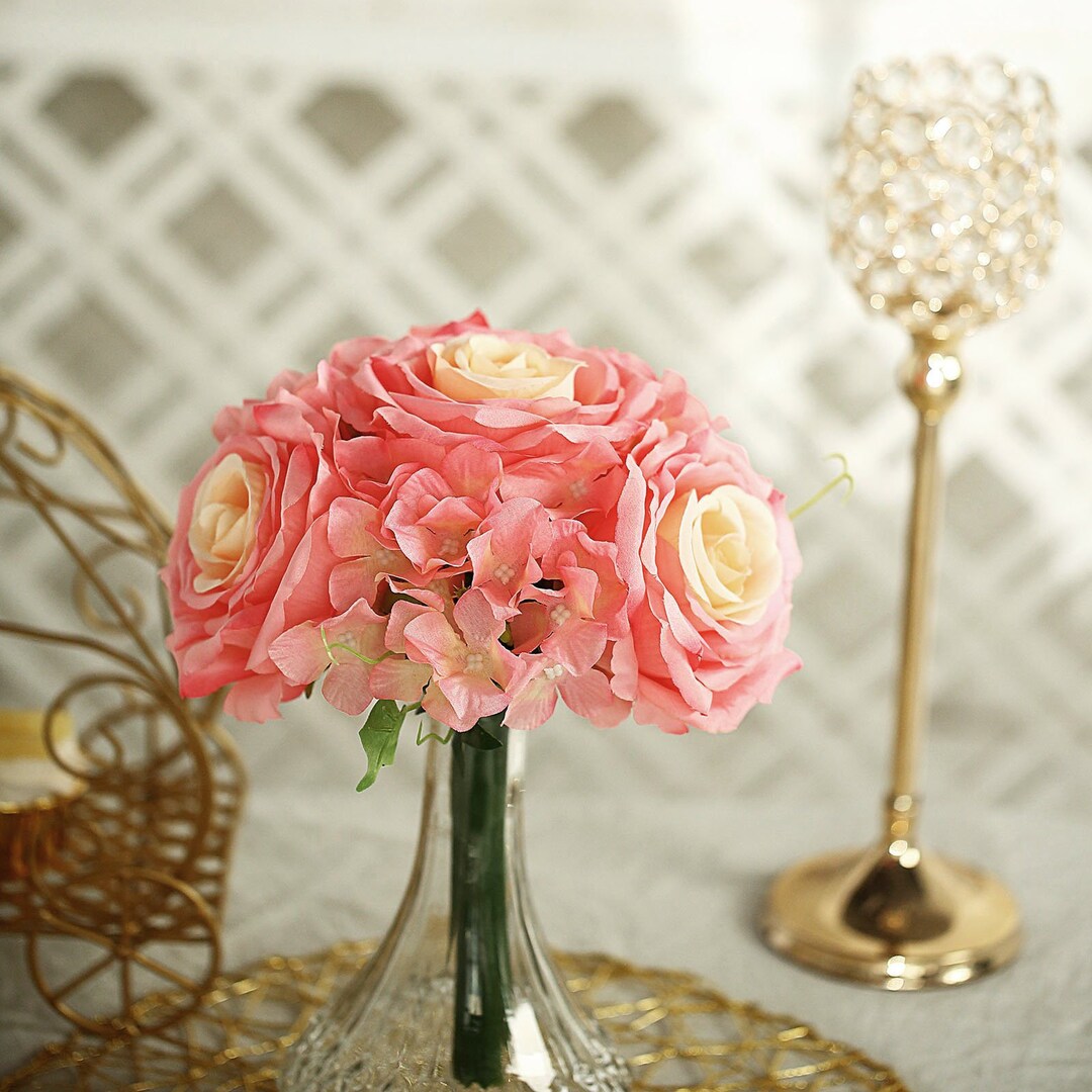 2 Pack Coral Rose Bouquet, Hydrangea Bouquet, Wedding Bouquet, Floral Bouquet, Bridal Bouquet ...