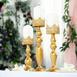 Set of 3 | Hurricane Glass Candle Holder, Gold Amber Candle Holder With Glass Tube, Table Decor, Candle Container - 12&quot;/14&quot;/17&quot;
