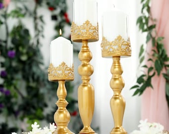 Set of 3 | Hurricane Glass Candle Holder, Gold Amber Candle Holder With Glass Tube, Table Decor, Candle Container - 12"/14"/17"