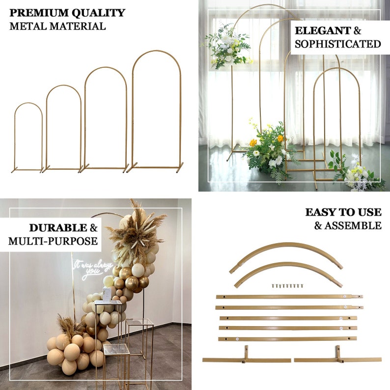 7ft Gold Chiara Backdrop Stand, Metal Wedding Arch, Balloon Arch, Round Top Floral Frame Arbor Display For Wedding, Ceremony, Event Decor