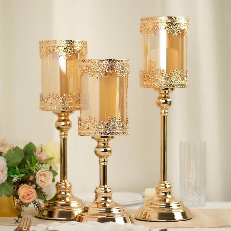 Set of 3 - Antique Gold Metal Votive Candle Holders, Hurricane Glass ...