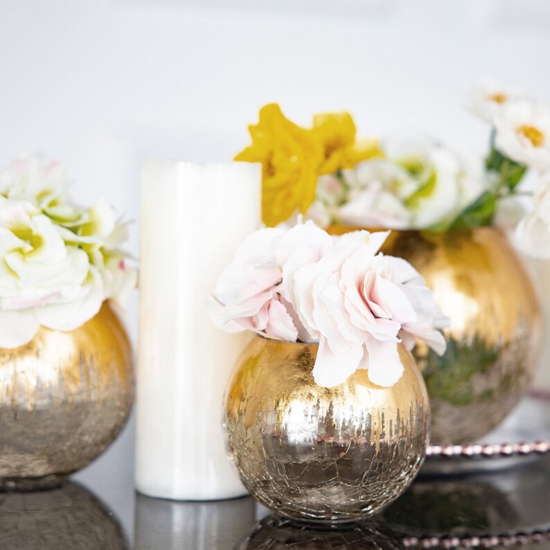 4 Gold Foiled Glass Bubble Bowl, Gold Crackle Round Bowl flower Vase Terrarium, Globe Flower Vase Centerpiece image 9