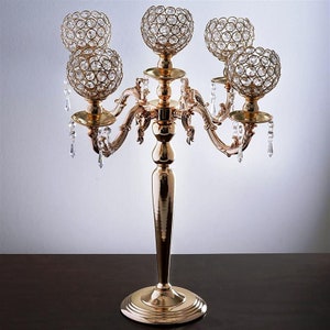 Efavormart | 25&quot; Tall 5 Arm Gold Crystal Beaded Globe Metal Candelabra Candle Holder Set Wedding Centerpiece
