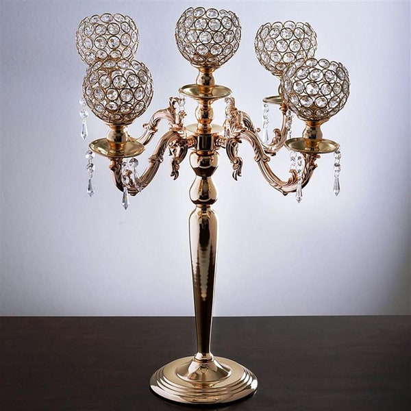 Efavormart | 25" Tall 5 Arm Gold Crystal Beaded Globe Metal Candelabra Candle Holder Set Wedding Centerpiece