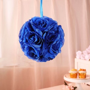 2 Pack | 7inch Royal Blue Flower Ball, Rose Kissing Balls, Hanging Pomander, Flower Girl Bouquet, Silk Rose Ball, Wedding Centerpiece