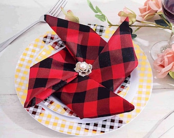 Buffalo Plaid Napkins | 5 Pack | 15"x15" | Black/Red | Checkered Gingham Polyester Napkin