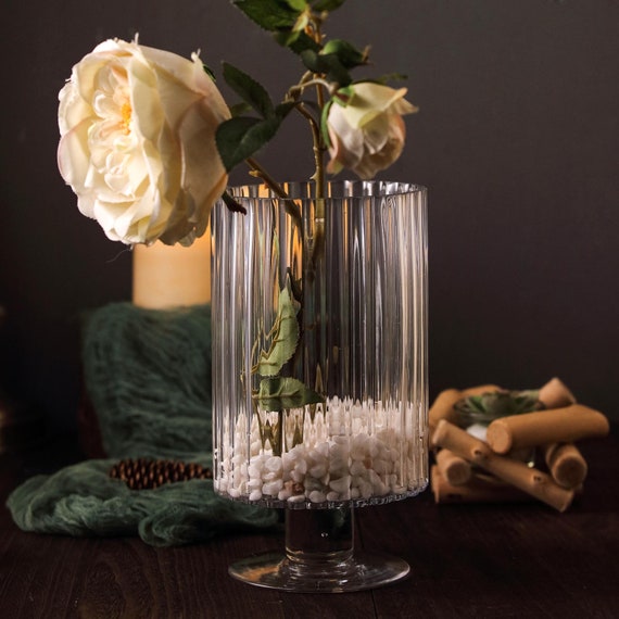 Buy Set of 2 9 Clear Glass Vase With Ridges, Flower Vase, Ribbed Glass Vase,  Pedestal Glass Vase for Candles, Wedding Centerpiece, Modern Online in India  