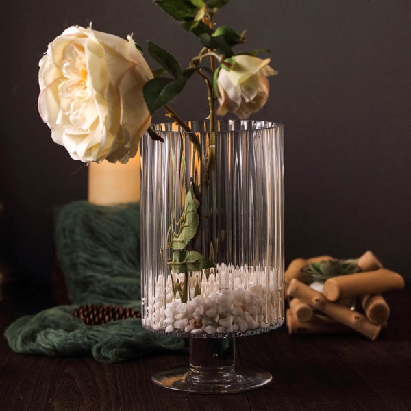Set of 2 | 9" Clear Glass Vase with Ridges, Flower Vase, Ribbed Glass Vase, Pedestal Glass Vase for Candles, Wedding Centerpiece, Modern