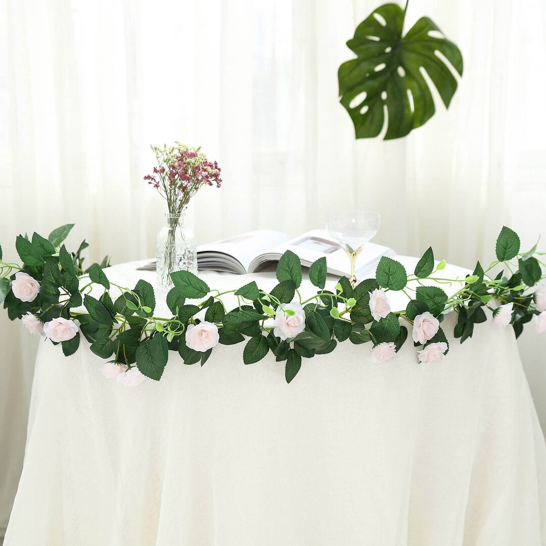 6 FT Blush Rose Garland With Leaves, Artificial Rose Vine Floral Garland, Silk Roses Wedding ...