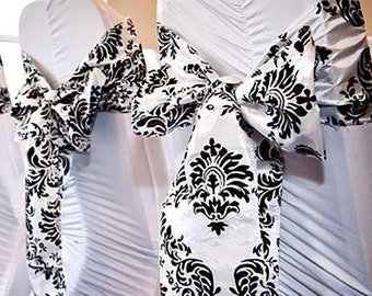 5 Pack | 6”x108” Damask Flocking Taffeta Chair Sashes, Decorative Runner, Wedding Party Decorations - Chocolate | White