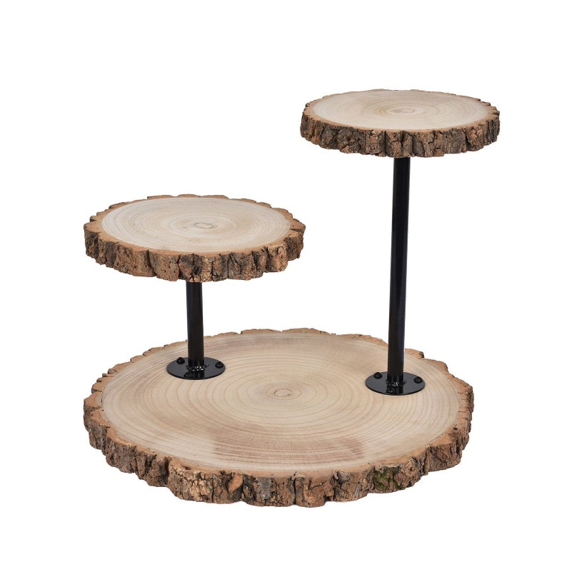 14 Tall 3 Tier Rustic Wood Slice Cupcake Stand, Natural Wooden Cake Stand Dessert Display With Metal Poles image 3