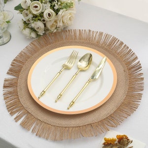 4 Pack | 16" Natural Jute Boho Chic Fringe Edge Table Placemats, Rustic Farmhouse Burlap Tassel Dining Table Mats