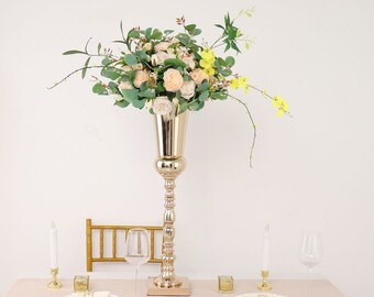 27" Tall Gold Trumpet Metal Flower Vase, European Style Wedding Centerpiece - Square Base