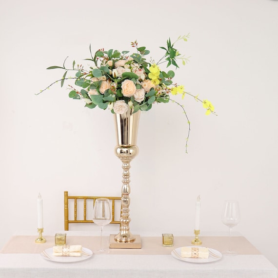 27 Tall Gold Trumpet Metal Flower Vase, European Style Wedding