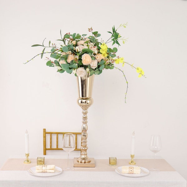 27" Tall Gold Trumpet Metal Flower Vase, European Style Wedding Centerpiece - Square Base