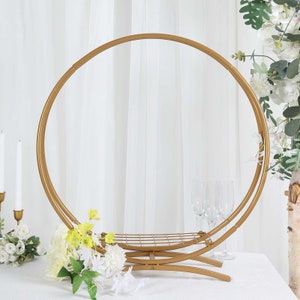 24" Gold Metal Double Hoop Flower Frame Table Centerpiece, Wedding Cake or Candle Display Stand, Wedding Centerpiece Hoop Display