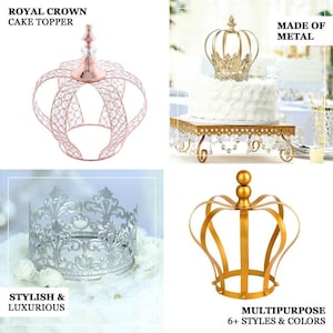 Puede incluir: Una colecci&oacute;n de adornos para tartas con forma de corona real en varios estilos y colores. Los adornos est&aacute;n hechos de metal y presentan dise&ntilde;os intrincados, incluyendo adornos de cristal. El texto en la imagen dice "Royal Crown Cake Topper", "Made of Metal", "Stylish & Luxurious" y "Multipurpose 6+ Styles & Colors."