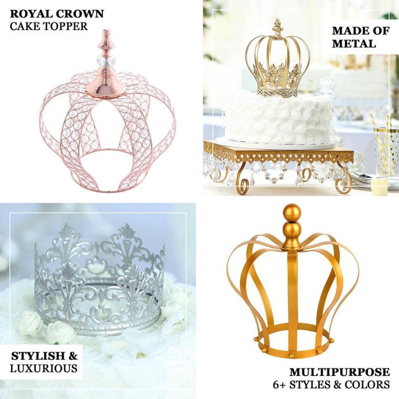 Puede incluir: Una colecci&oacute;n de adornos para tartas con forma de corona real en varios estilos y colores. Los adornos est&aacute;n hechos de metal y presentan dise&ntilde;os intrincados, incluyendo adornos de cristal. El texto en la imagen dice "Royal Crown Cake Topper", "Made of Metal", "Stylish & Luxurious" y "Multipurpose 6+ Styles & Colors."