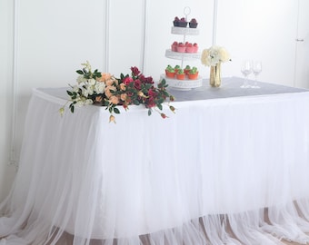 14 FT White Tulle Tutu Table Skirt, 48" Two Layered Extra Long Floating Satin & Tulle Table Skirt, Table Tutu