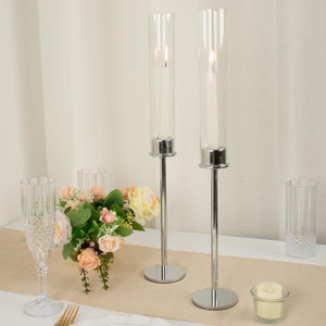 2 Pack | 20&quot; Tall Silver Metal Clear Glass Taper Candlestick Holders, Hurricane Candle Stands With Glass Cylinder Chimney, Candle Shades