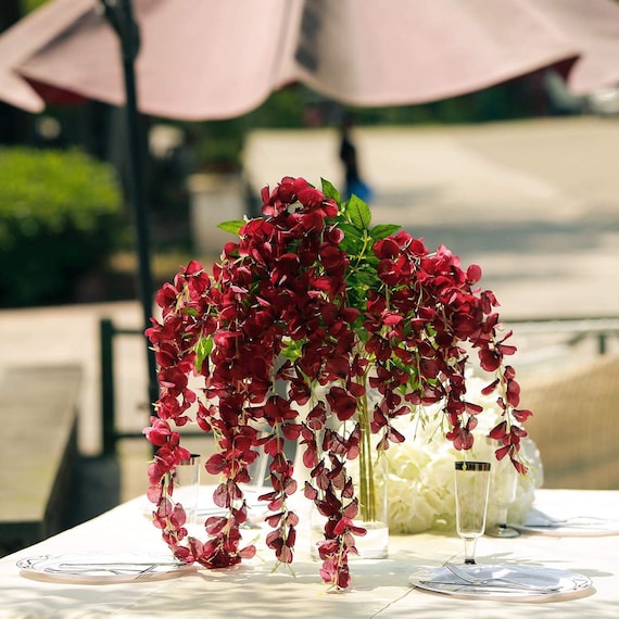 Restaurant and Office Decoration Arrangement Red Artificial Hanging Flowers Vine Ratta Hanging Silk Orchid Rose Flowers String Fake Wisteria Long Hanging Bush Flowers Wedding