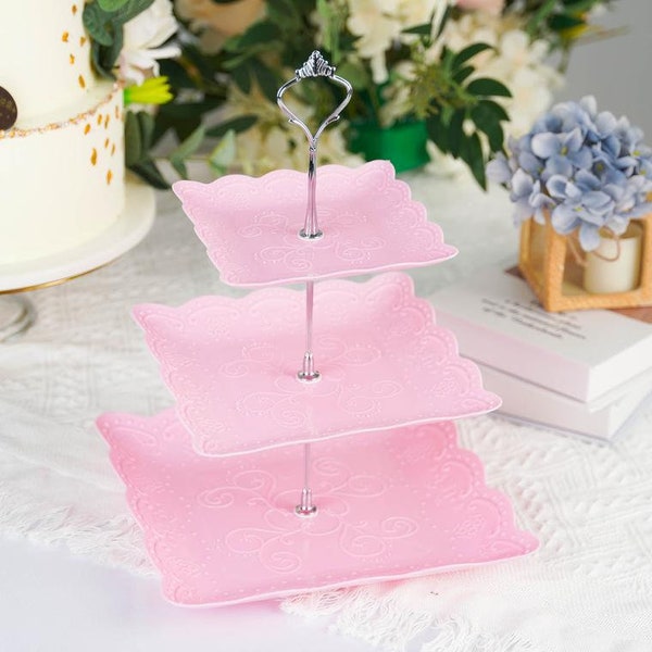 3 Tier Floral Print Square Cupcake Stand, Dessert Tray Display Holder with Wavy Edges, Plastic Cupcake Holder, Display Stand- 13" | Pink