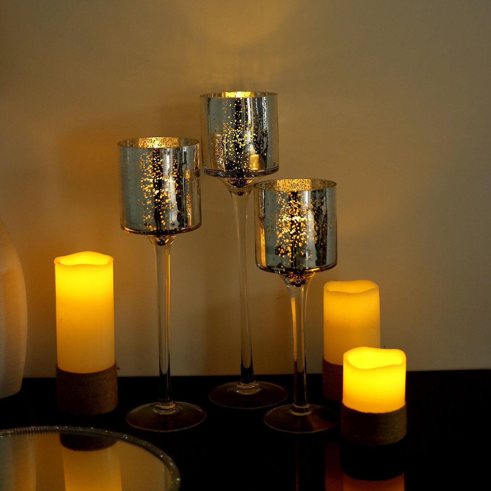 Long Stem Mercury Glass Candle Holder Tall Cylinder Vases For Etsy