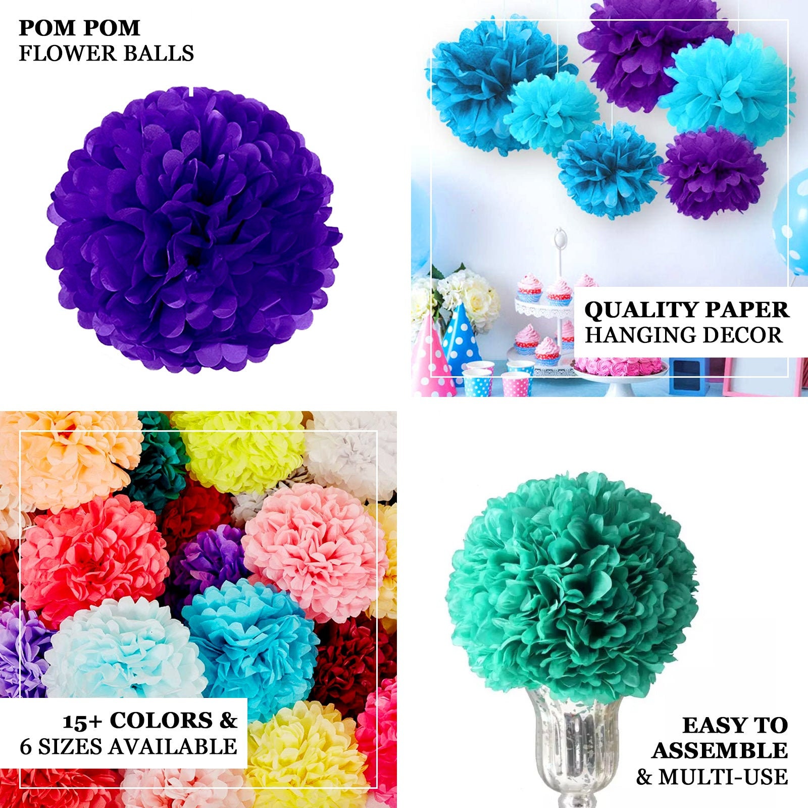 Silver Paper Tissue Fluffy Pom Pom Flower Balls - 16