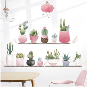 Succulent Potted Plants on Shelf Wall Decals, Wall Stickers Wall Art For Bedroom Living Room, Mural Stickers