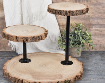 14" Tall | 3 Tier Rustic Wood Slice Cupcake Stand, Natural Wooden Cake Stand Dessert Display With Metal Poles