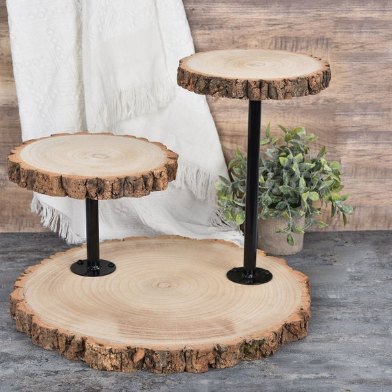 14 Tall 3 Tier Rustic Wood Slice Cupcake Stand, Natural Wooden Cake Stand  Dessert Display With Metal Poles 