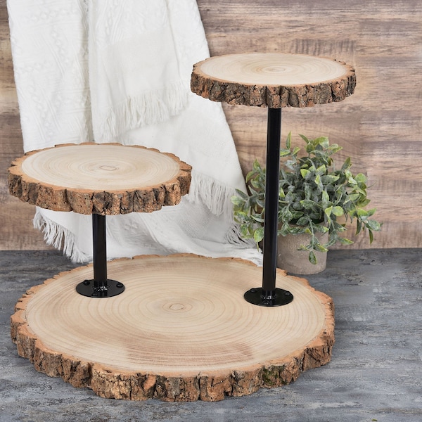 14" Tall | 3 Tier Rustic Wood Slice Cupcake Stand, Natural Wooden Cake Stand Dessert Display With Metal Poles