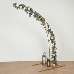 8ft Gold Metal Crescent Moon Wedding Arch Photography Backdrop Stand, Curved Design Flower Balloon Frame, Collapsible Arbor Stand With Base image 9