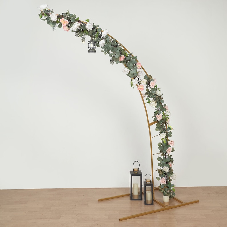 8ft Gold Metal Crescent Moon Wedding Arch Photography Backdrop Stand, Curved Design Flower Balloon Frame, Collapsible Arbor Stand With Base image 9