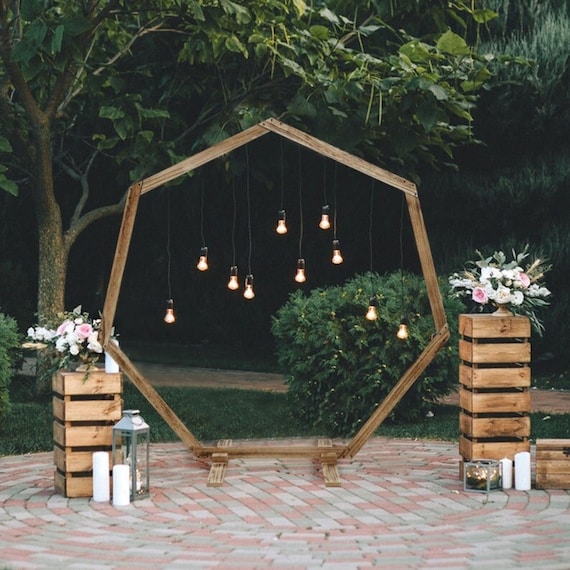 7ft Wooden Wedding Arch Heptagonal Garden Arbor, Rustic Backdrop ...