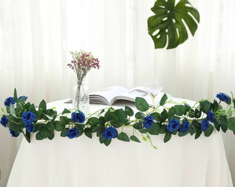 6 FT Royal Blue Rose Garland with Leaves, Artificial Rose Vine Floral Garland, Silk Roses Wedding Archway Flowers Decor - 20 Roses