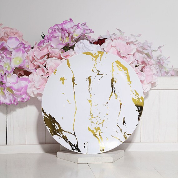 10 White Disposable Plastic Plates Round Dinner Plates Heavy Duty Reusable Plates Wedding Plates 10 Pack Gold Marble Design Etsy