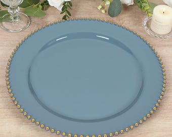 10-Pack Economy Plastic Charger Plates 13" Round Dusty Blue with Gold Beaded Rim - Stylish Dinner Party Serving Plates