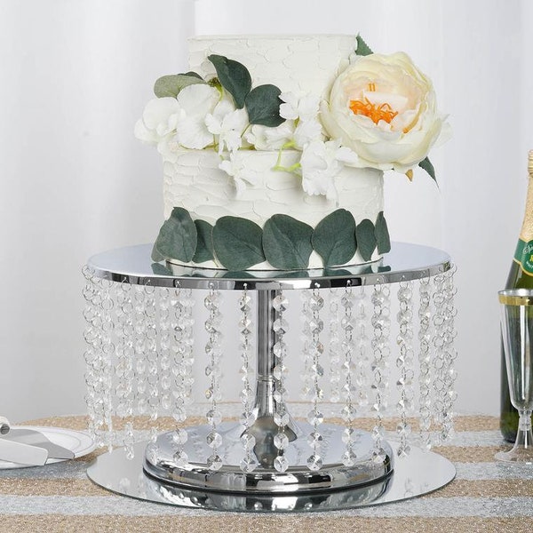 14" Round Silver Cake Stand with Acrylic Crystal Chains, Metal Cake Stand Riser, Round Display Stand for Cakes, Food Display, Cupcake Stand